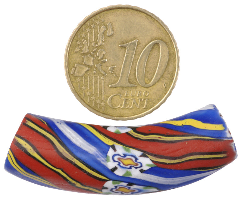 Rare Old Venetian Elbow Millefiori Mosaic Glass Trade Bead, 39 X 12 Mm - close-up