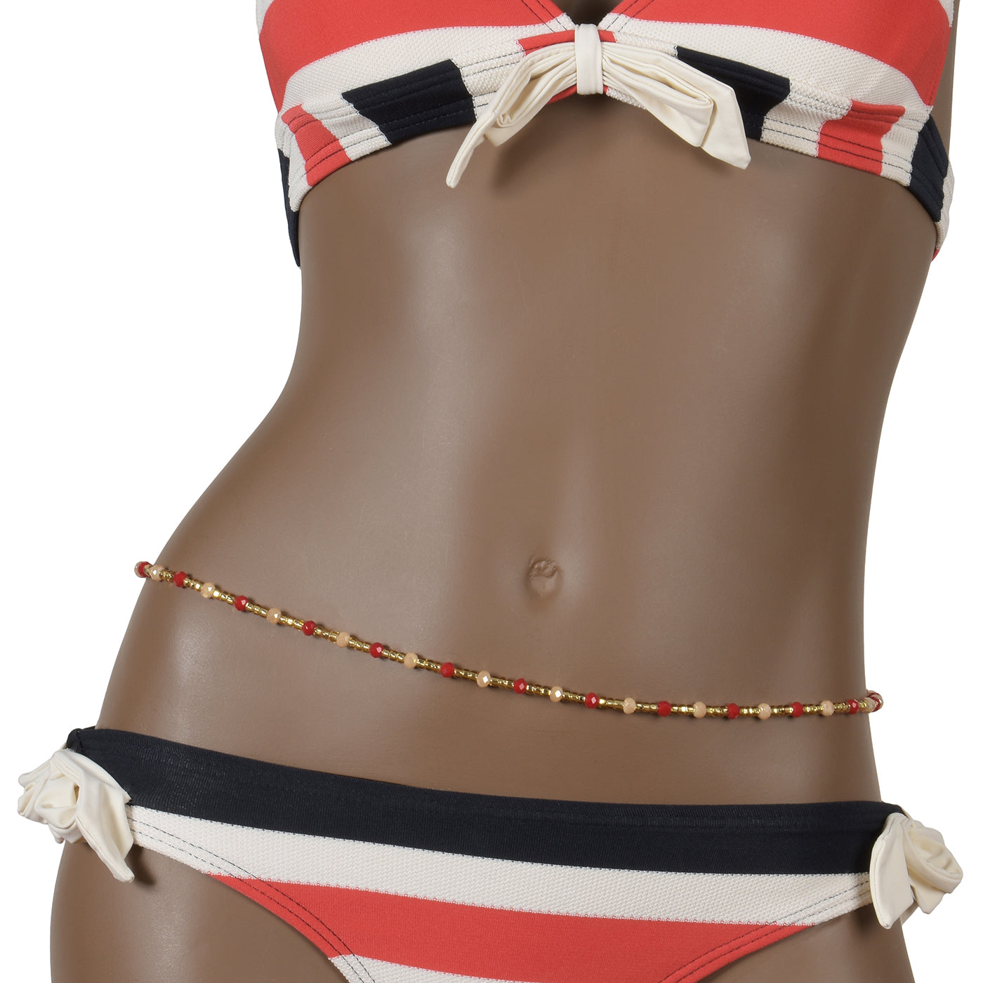 Gold Red Peach African Waist Beads - Handmade Body Jewelry - angled shot