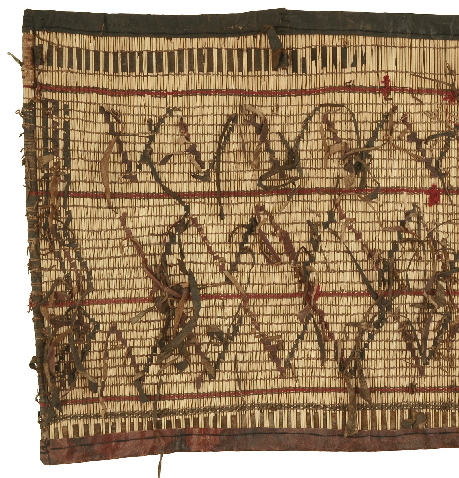 Traditional Tuareg Straw Mat With Leather Detailing - Authentic Art From Niger - angled shot
