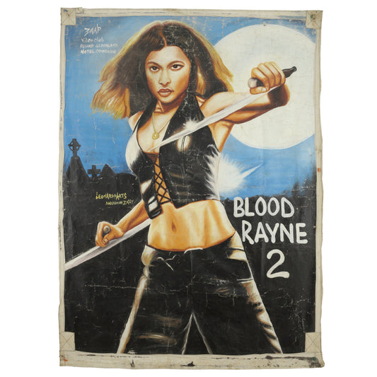 BLOODRAYNE 2 MOVIE POSTER HAND PAINTED IN GHANA ON RECYCLED FLOUR SACKS FOR THE LOCAL CINEMA