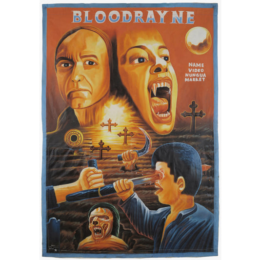 Bloodrayne movie poster hand painted in Ghana on recycled flour sack for the local cinema
