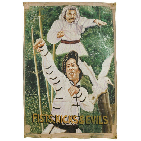 Affiche de film peinte à la main Peinture africaine sac de farine cinéma Fists Kicks Evils