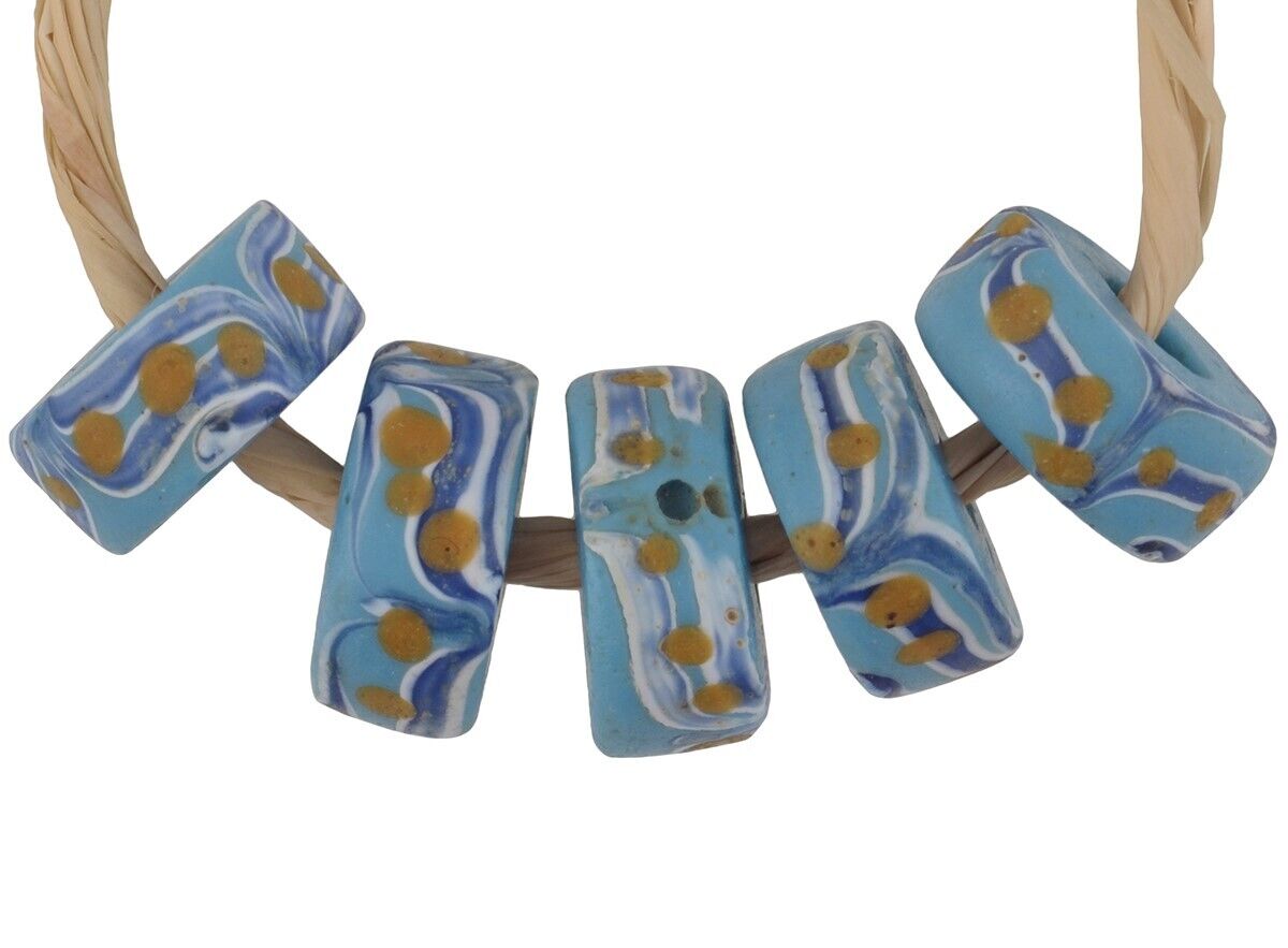 Rare Blue Fancy Venetian Lampwork Glass Trade Beads - Antique African - close-up