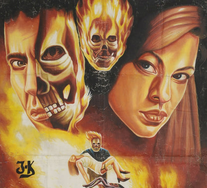 Detalles del cartel de la película Ghost Rider pintado a mano en Ghana para el actor de cine local Nicolas Cage