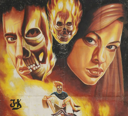 Ghost Rider movie poster hand painted in Ghana for the local cinema actor Nicolas Cage details