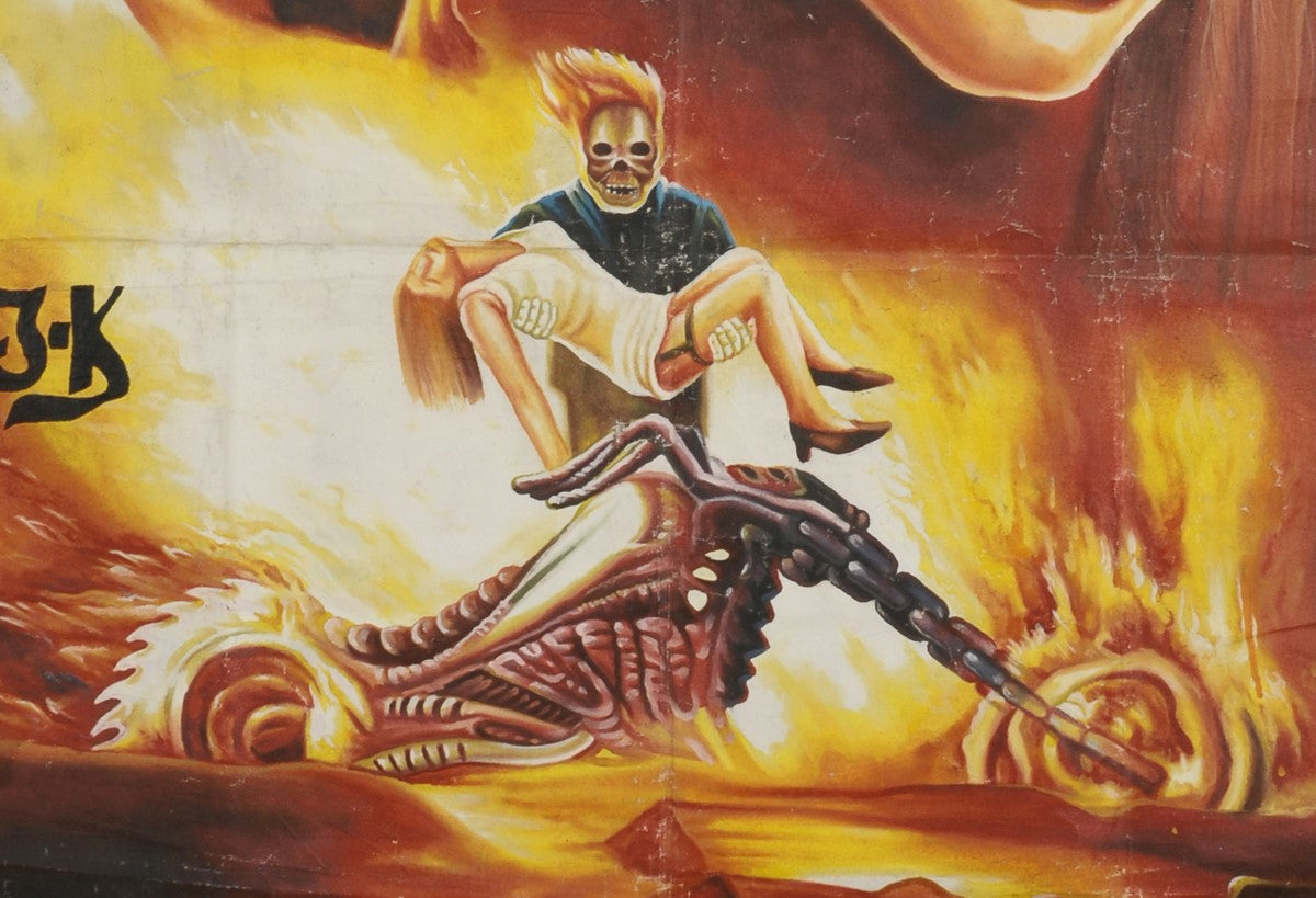 Ghost Rider movie poster hand painted in Ghana for the local cinema actor Nicolas Cage close up