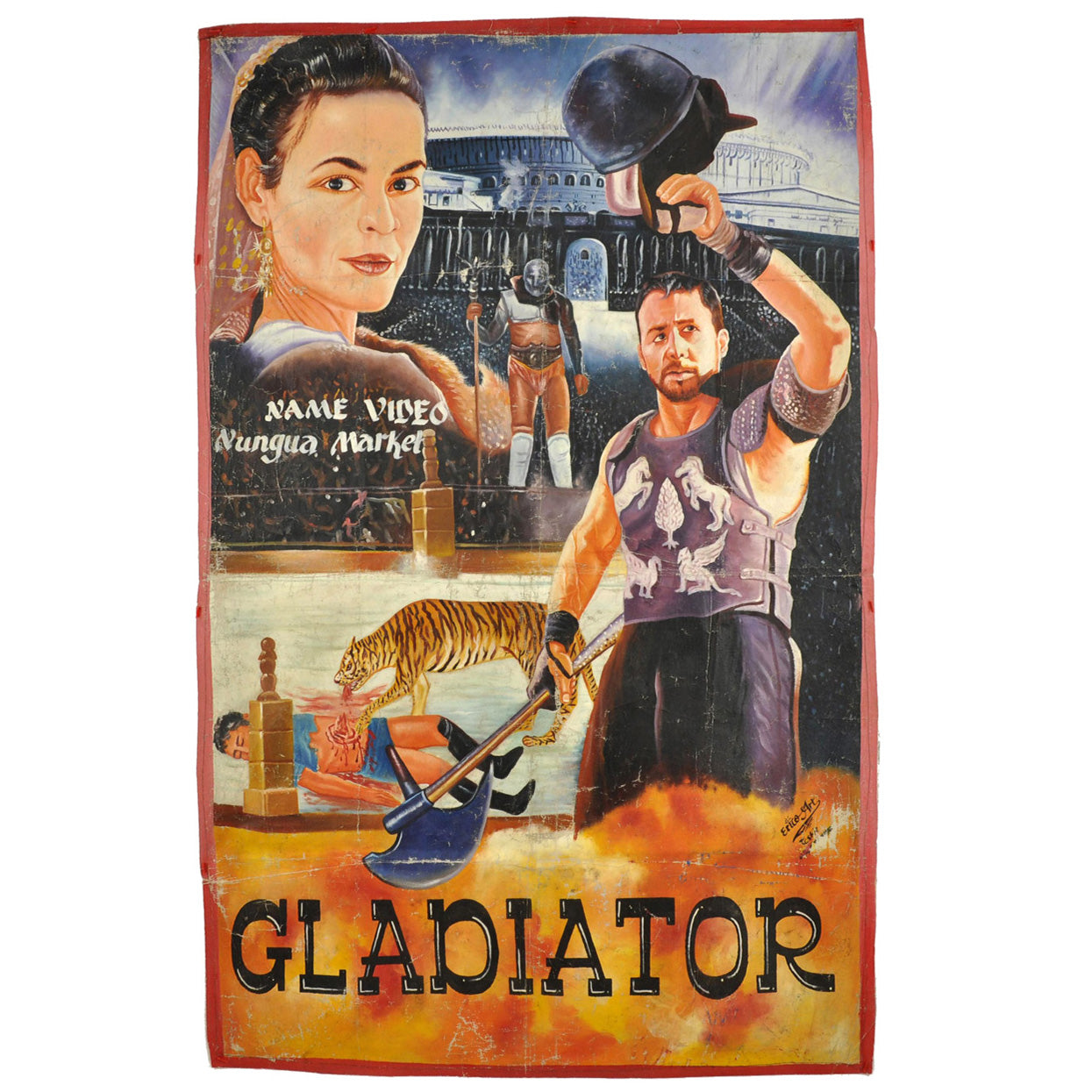 CARTEL DE PELÍCULA GLADIADOR PINTADO A MANO SOBRE SACO DE HARINA RECICLADO EN GHANA PARA EL CINE LOCAL