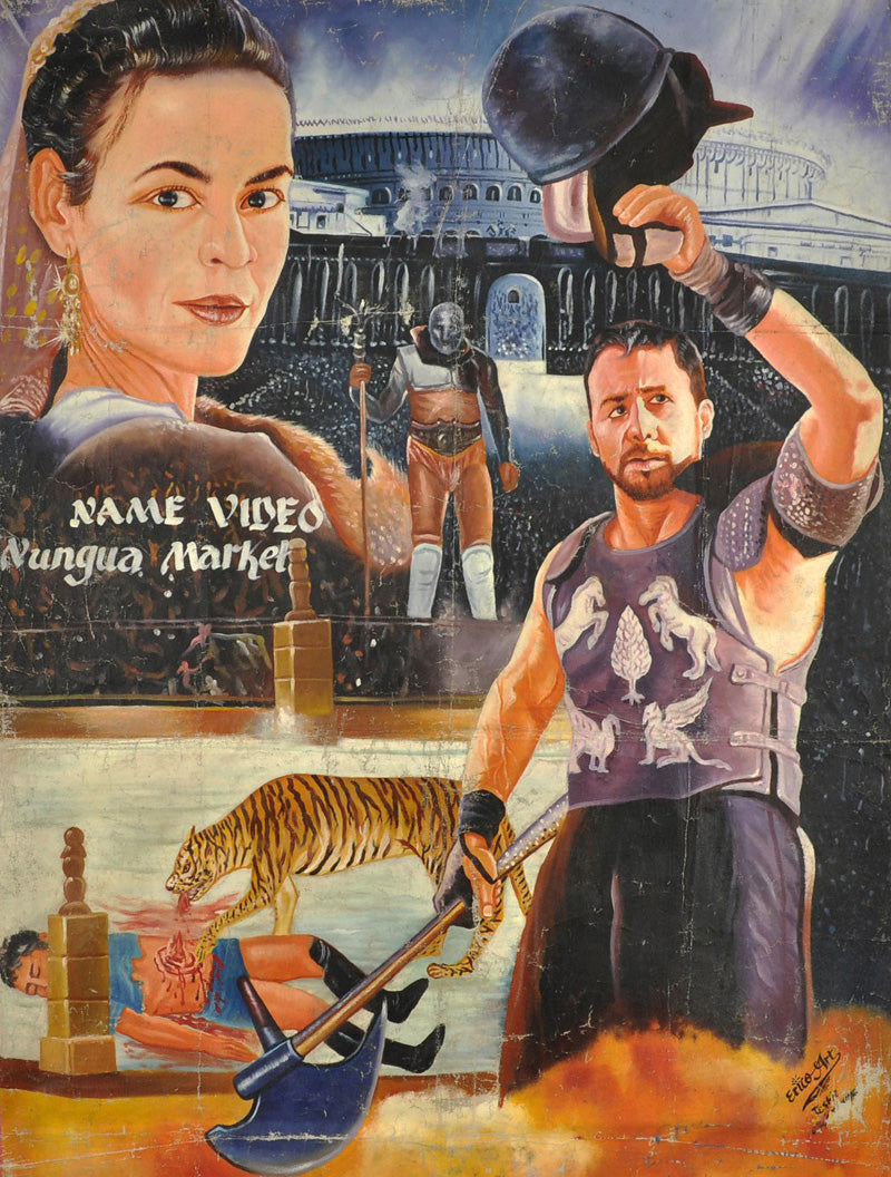 GLADIATOR MOVIE POSTER HAND PAINTED ON RECYCLED FLOUR SACK IN GHANA FOR THE LOCAL CINEMA DETAILS