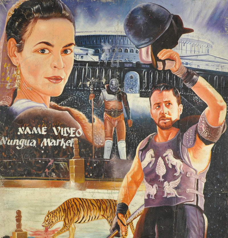 GLADIATOR MOVIE POSTER HAND PAINTED ON RECYCLED FLOUR SACK IN GHANA FOR THE LOCAL CINEMA MORE DETAILS