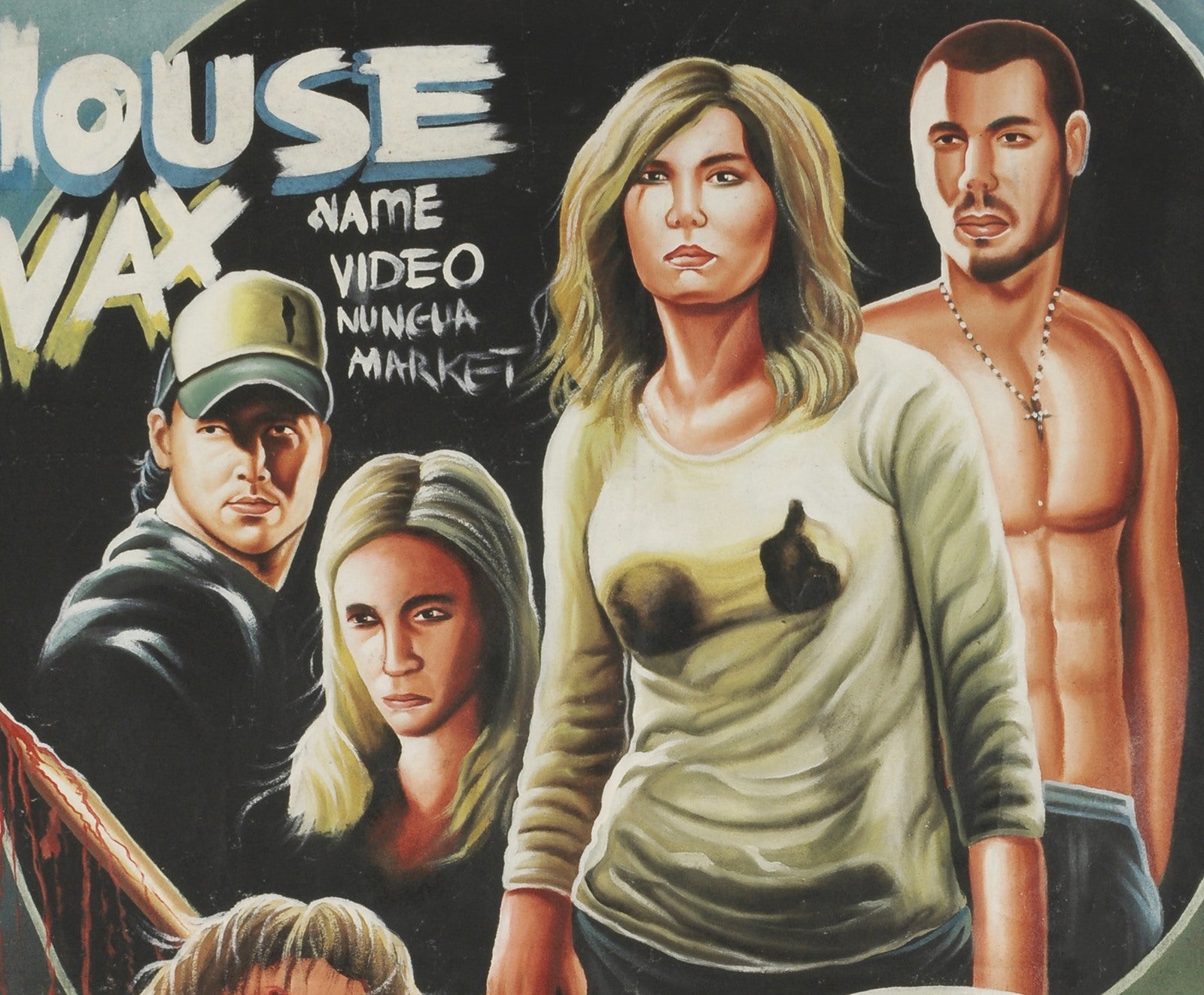 HOUSE OF WAX MOVIE POSTER HAND PAINTED ON RECYCLED FLOUR SACK IN GHANA FOR THE LOCAL CINEMA DETAILS