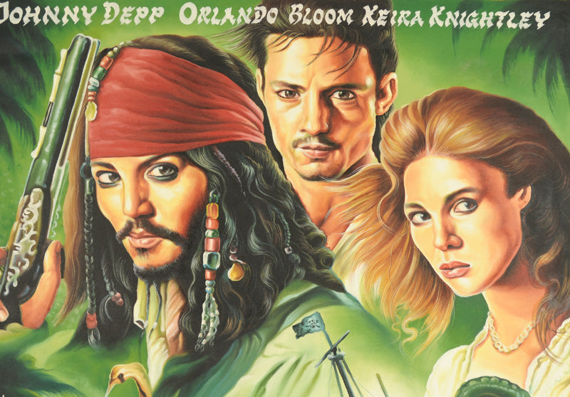 PIRATES OF THE CARIBBEAN MOVIE POSTER HAND PAINTED IN GHANA FOR THE LOCAL CINEMA FACIAL DETAILS