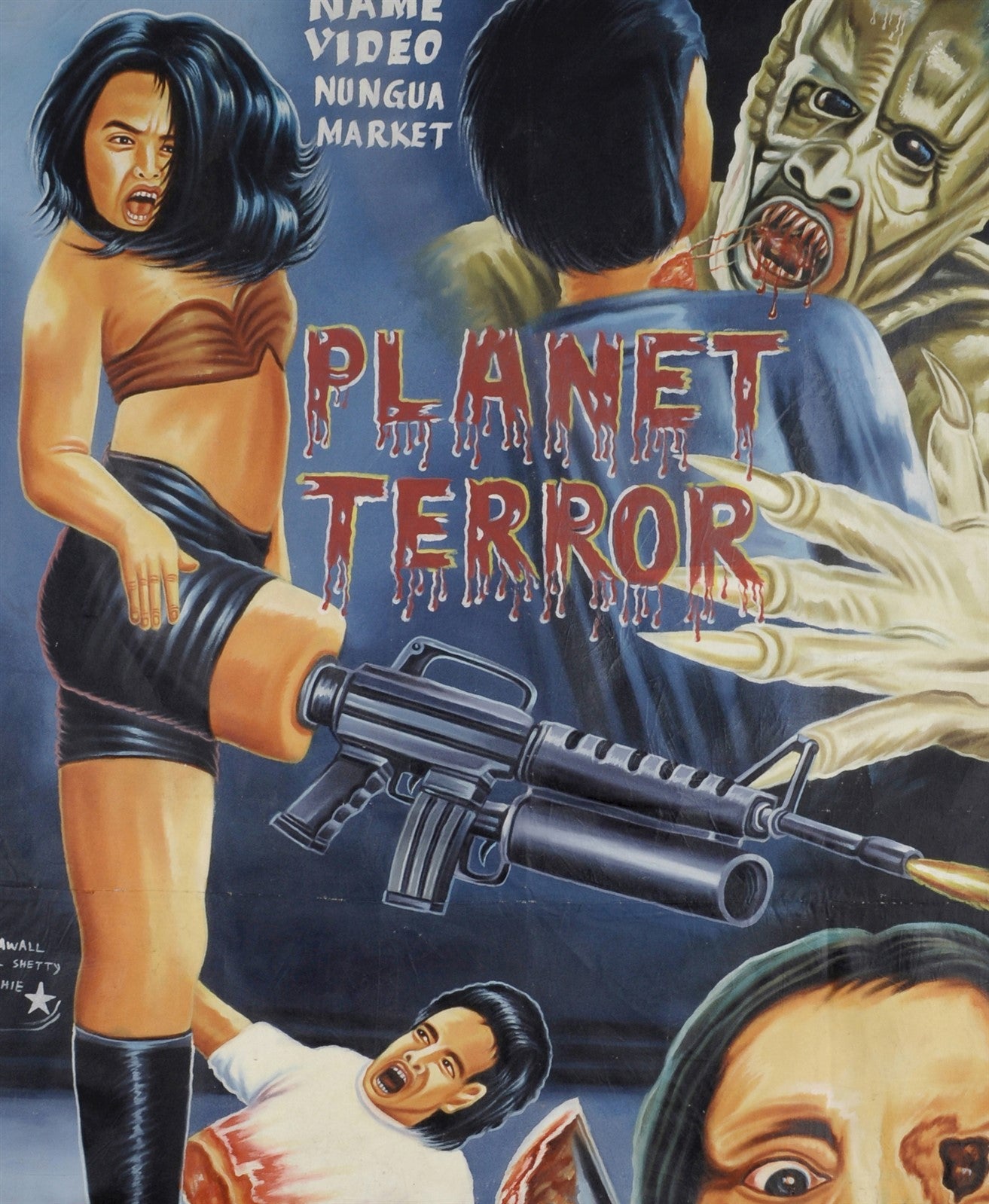 POSTER DEL FILM PLANET TERROR DIPINTO A MANO IN GHANA PER L'ARTE DEL CINEMA LOCALE MAGGIORI DETTAGLI
