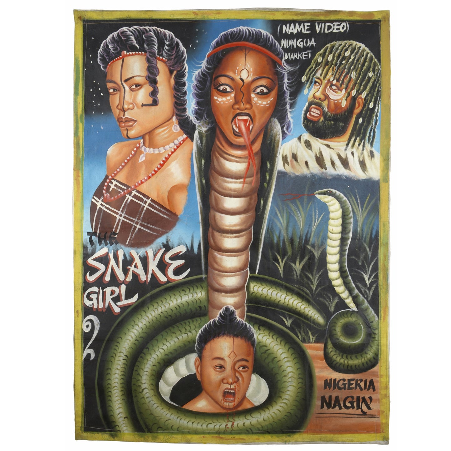 Póster de película de cine, arte africano de Ghana, saco de pintura a mano, lienzo, arte SNAKE GIRL 2