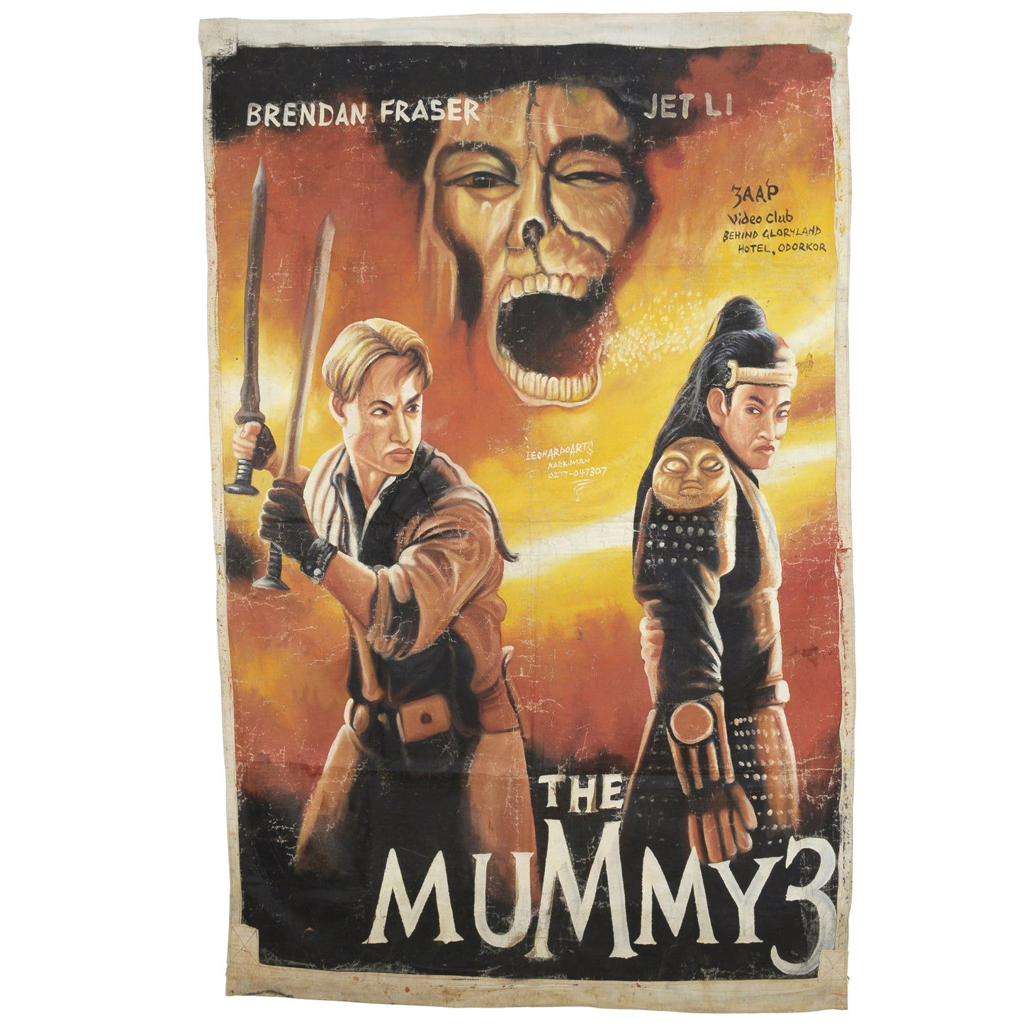 Hand painted Movie Cinema poster Ghana African flour sack JET LI THE MUMMY 3