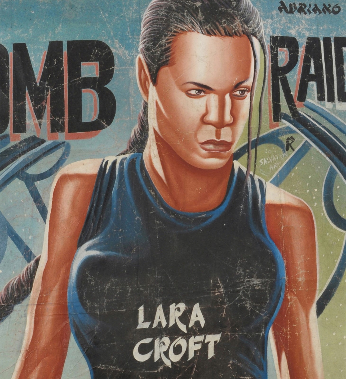 TOMB RAIDER MOVIE POSTER LARA CROFT HAND PAINTED IN GHANA FOR THE LOCAL CINEMA ART DETAILS