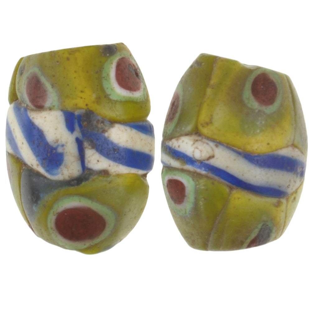 Seltenes antikes gebändertes venezianisches Millefiori-Mosaik-Handelsperlenpaar – 13–14 mm
