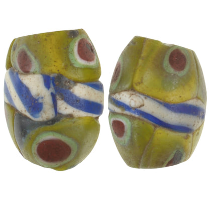 Seltenes antikes gebändertes venezianisches Millefiori-Mosaik-Handelsperlenpaar – 13–14 mm