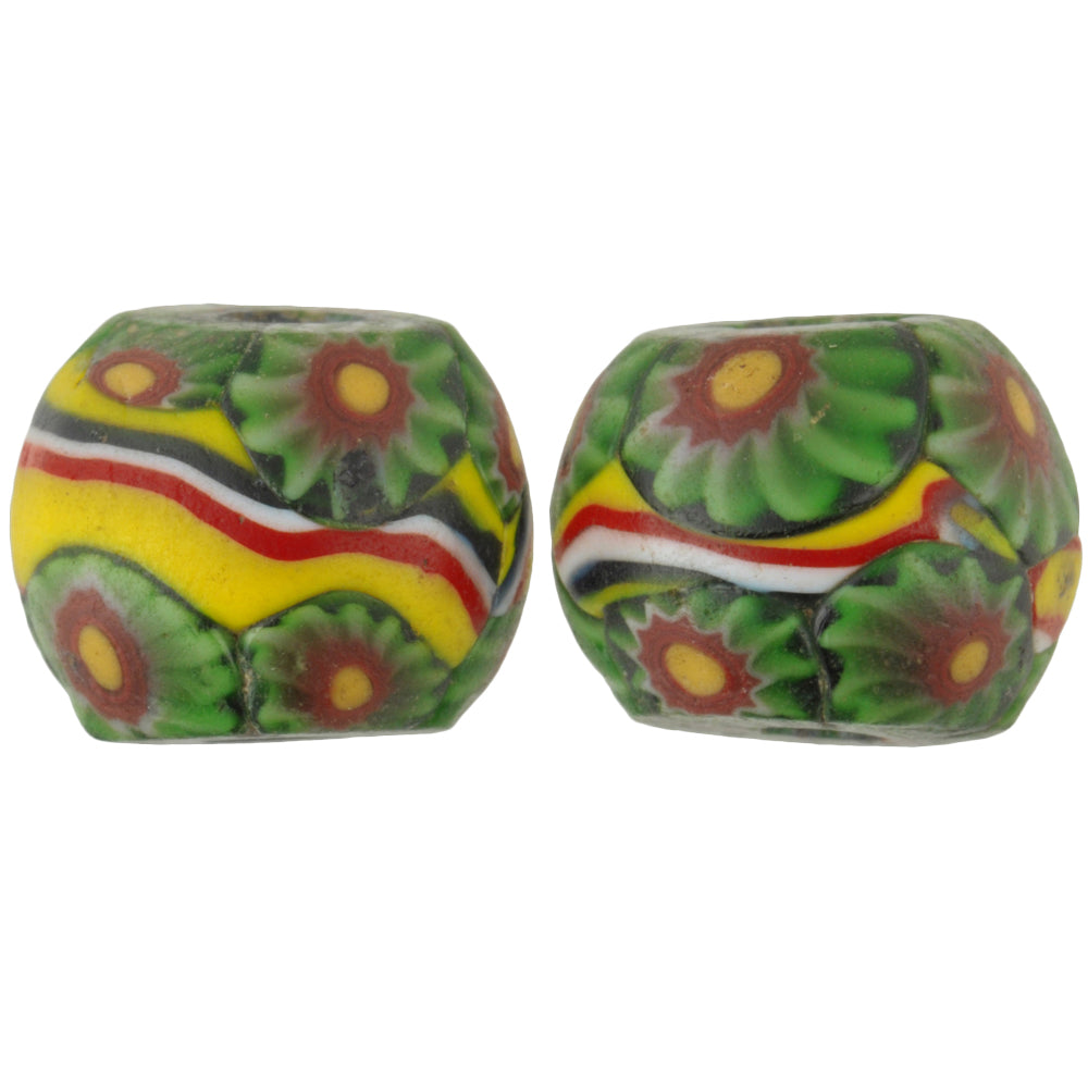 Antique Banded Millefiori Venetian Mosaic Glass Trade Beads Pair, 14Mm