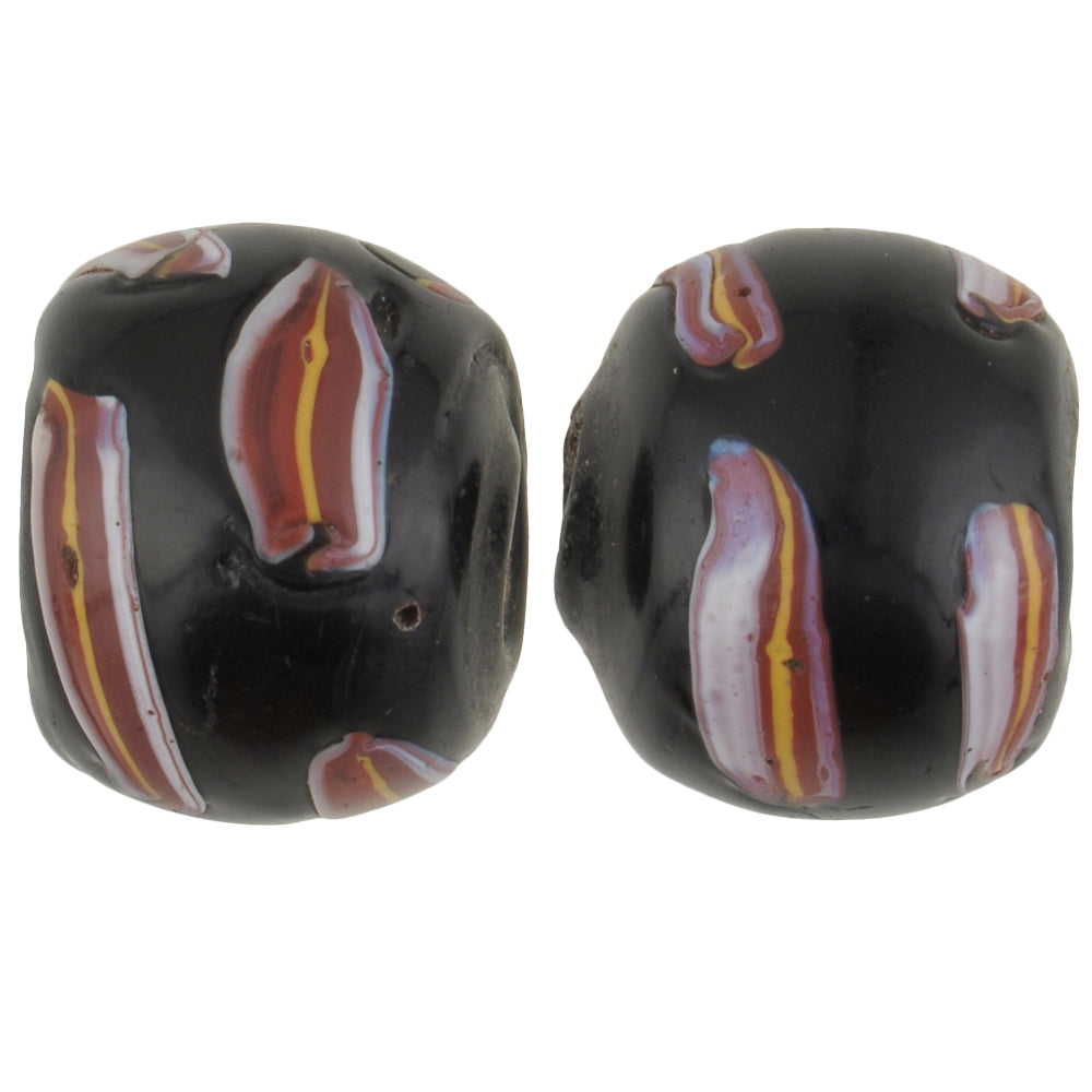 Rare Antique Black Fancy Venetian Wound Glass Trade Beads Pair 13X11Mm