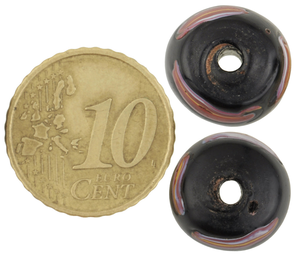 Rare Antique Black Fancy Venetian Wound Glass Trade Beads Pair 13X11Mm - close-up