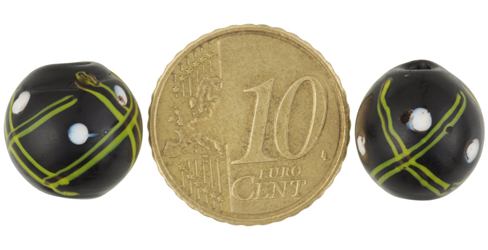 Seltene antike schwarze venezianische gewickelte Glasperlen – 13 mm, afrikanisches ausgefallenes Design – alternative Ansicht