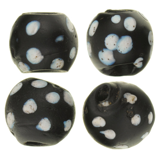 Old Nice Round Black skunk Fancy Venetian Wound Glass Beads African trade 4 τεμ. SB-27060