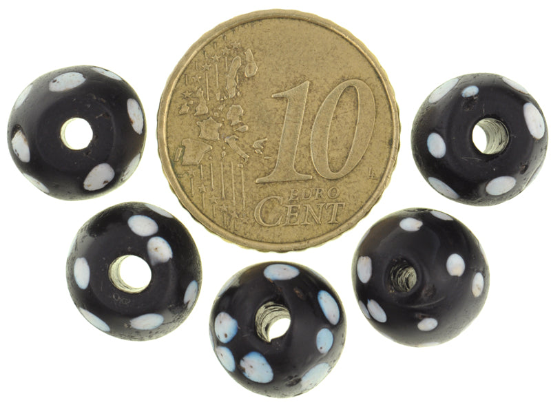 Nice Old Round Black Skunk Fancy Venetian Wound Glass Beads African trade 5 τεμ. SB-27076