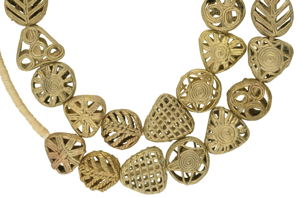 Handmade African Tabular Brass Beads From Ghana, 24" Strand - close-up