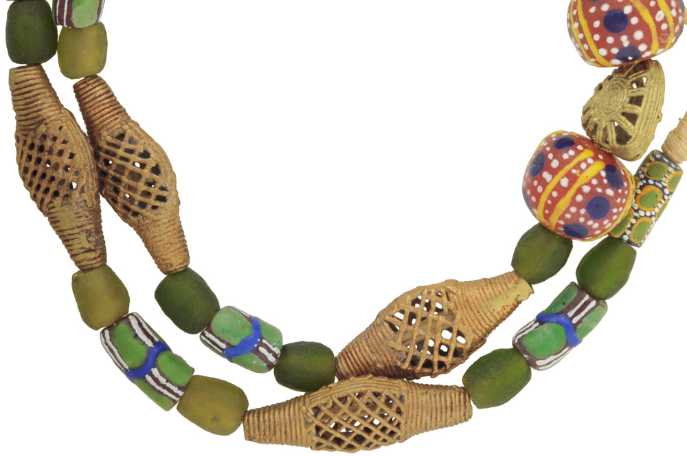 Glass brass trade beads Ashanti Ghana Krobo powder glass ethnic African necklace SB-35532