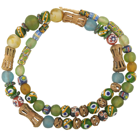 Neue Krobo-Pulverglas-Handelsperlen, Ashanti-Messing, afrikanischer Handel, Ghana-Halskette SB-35530