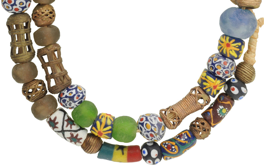 New African trade beads Ashanti brass Krobo powder glass beads necklace Ghana SB-35531