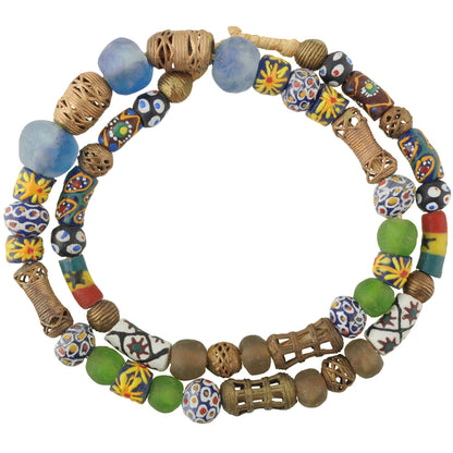 New African trade beads Ashanti brass Krobo powder glass beads necklace Ghana SB-35531