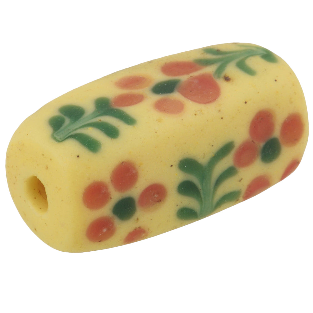 Rare Antique Rectangular Floral Fancy Venetian Glass Trade Bead, 16X7Mm