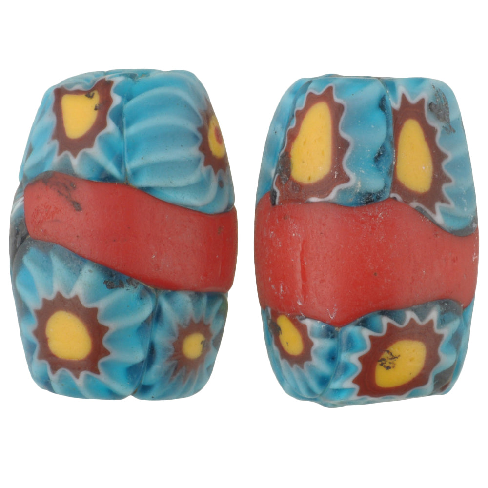 Antike rot gebänderte ovale venezianische Millefiori-Mosaik-Handelsperlen, 15 x 10 mm