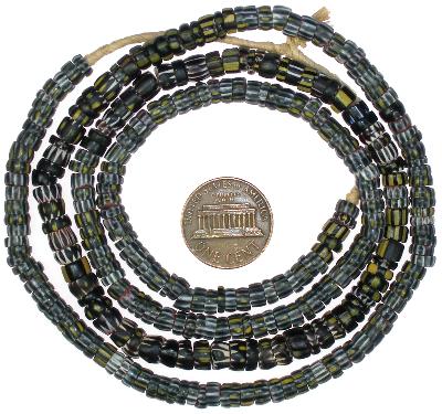 Nice Old 4-L μαύρο Chevron Yellow Jacket Venetian Glass Trade Beads SB-20866