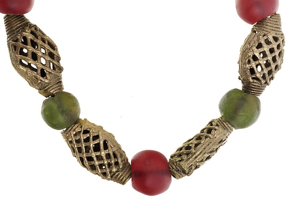 Handmade glass and brass beads stretched bracelet Ghana jewelry Africa - Tribalgh