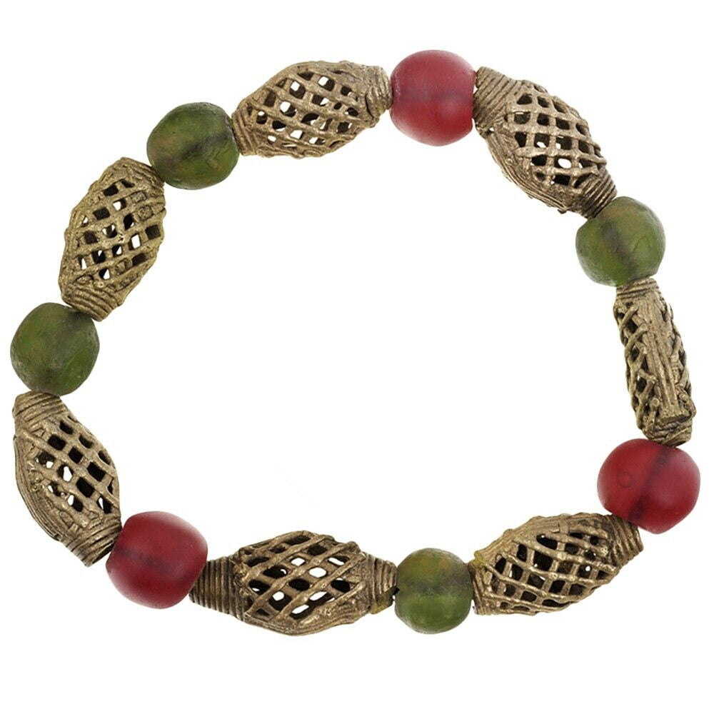 Handmade glass and brass beads stretched bracelet Ghana jewelry Africa - Tribalgh