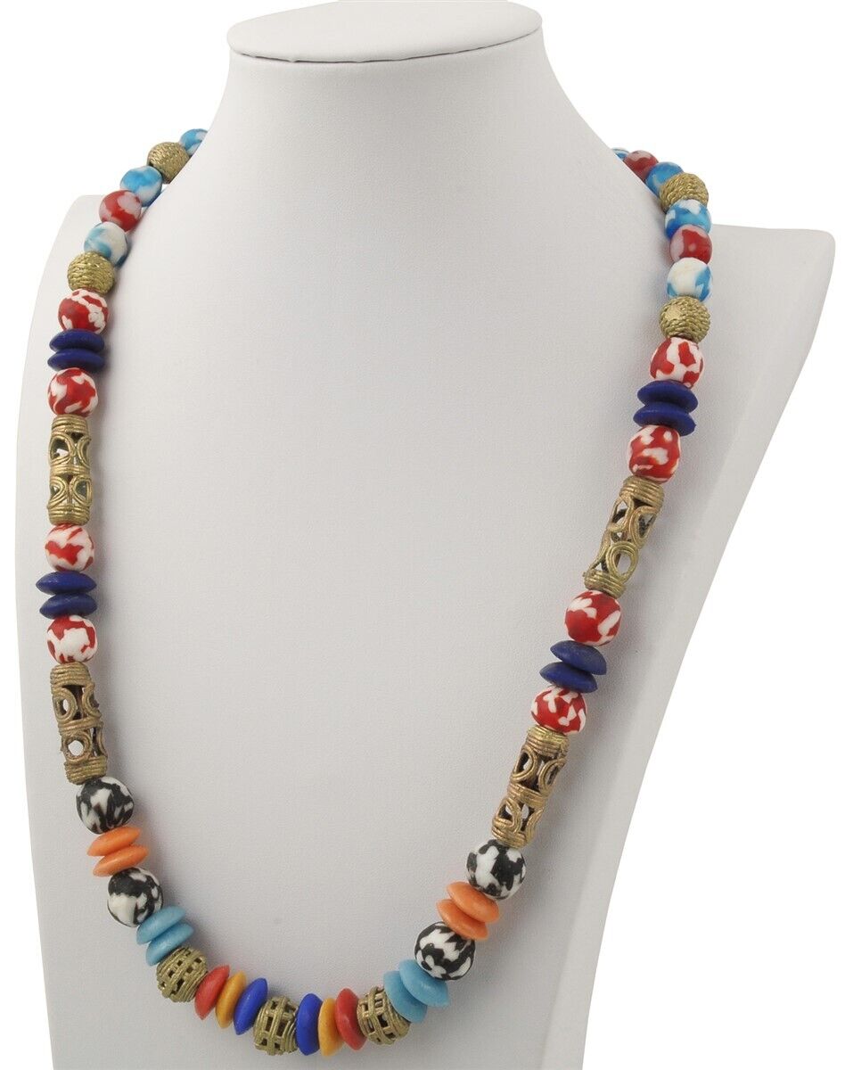 Handmade brass recycled glass beads Ghana African necklace - Tribalgh