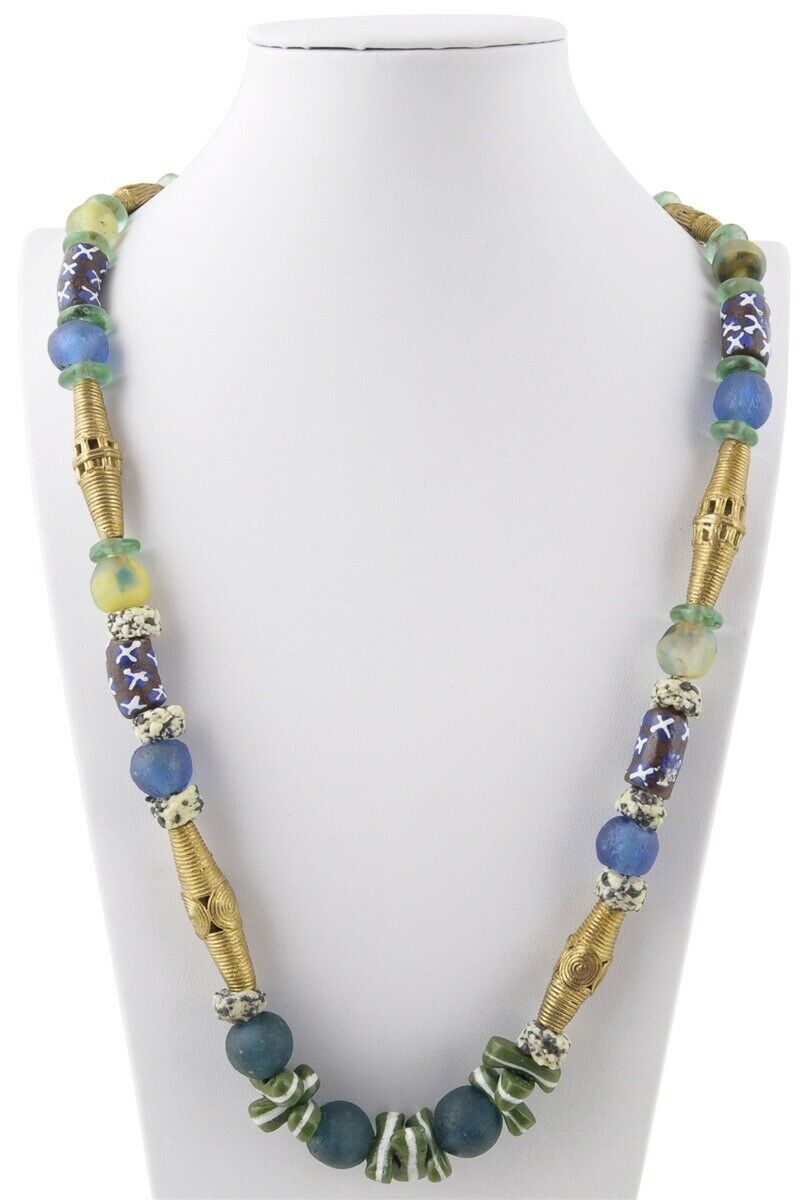 Handmade necklace brass recycled glass beads Krobo Ghana Ashanti African trade - Tribalgh