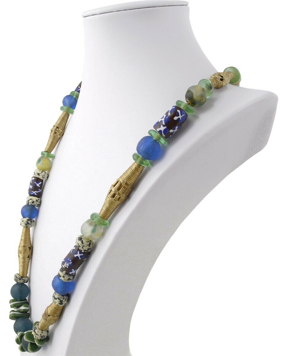 Handmade necklace brass recycled glass beads Krobo Ghana Ashanti African trade - Tribalgh