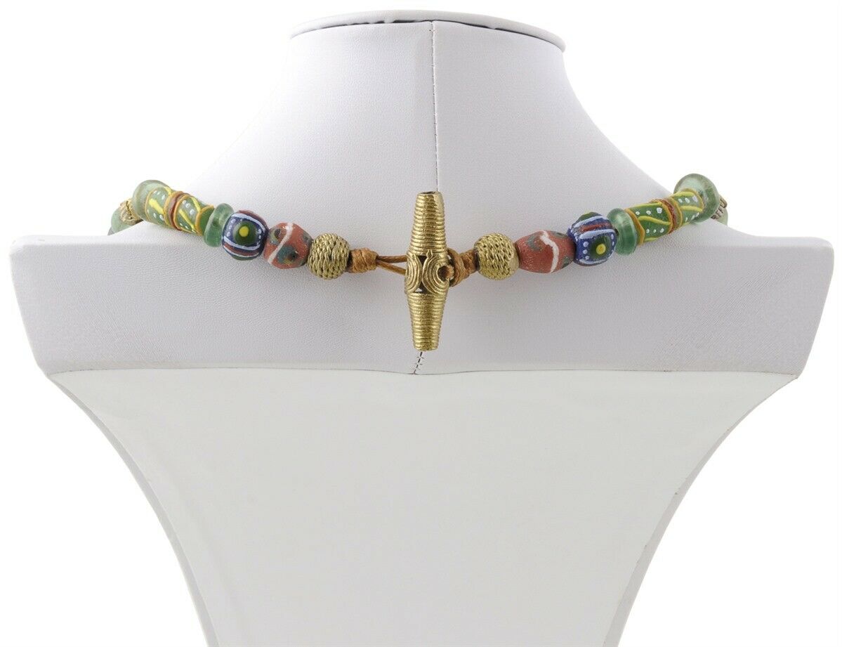 Handmade necklace brass recycled glass beads Krobo Ghana Ashanti African trade - Tribalgh