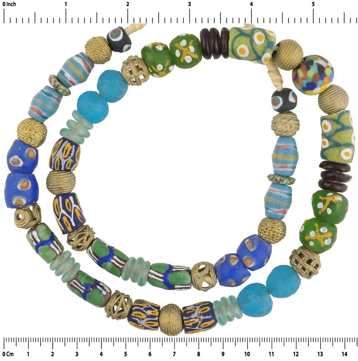 Glass Brass African Trade Beads Recycled Krobo Ashanti Lost Wax Bronze - zoomed-in detail