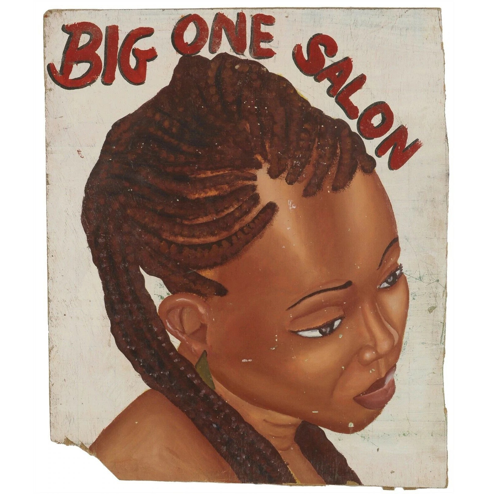 Insegna del negozio dell'annata Cartello Barbiere africano dipinto a mano Taglio del salone di capelli del Ghana - Tribalgh