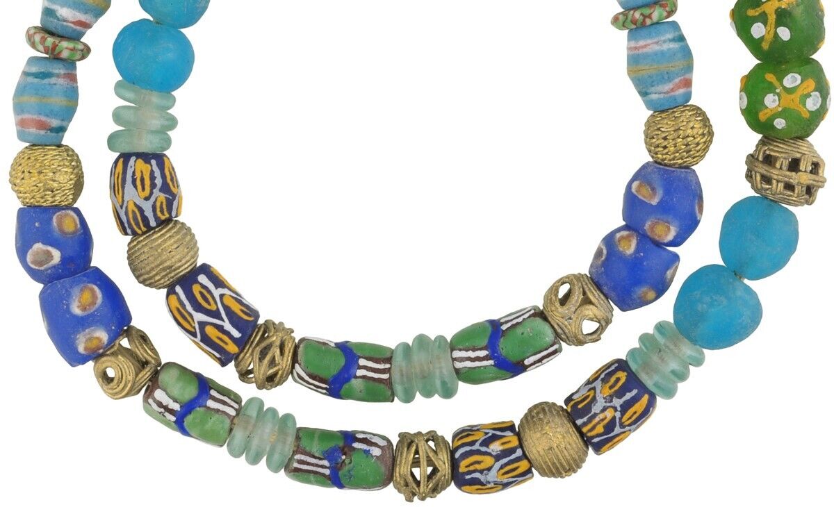 Glass Brass African Trade Beads Recycled Krobo Ashanti Lost Wax Bronze - close-up