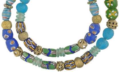 Glass Brass African Trade Beads Recycled Krobo Ashanti Lost Wax Bronze - close-up