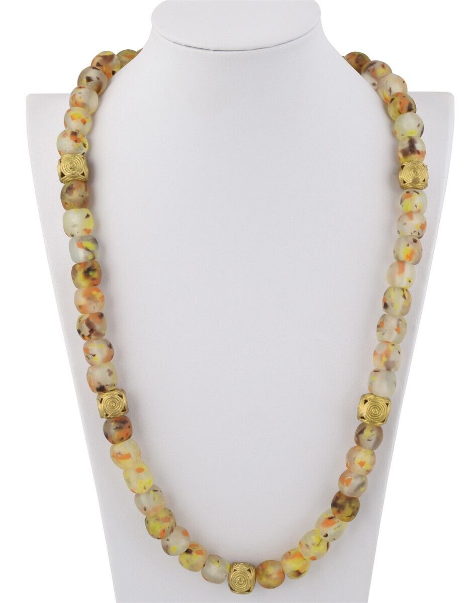 Handmade Necklace Brass With Glass Beads African Jewelry Krobo Ghana - close-up