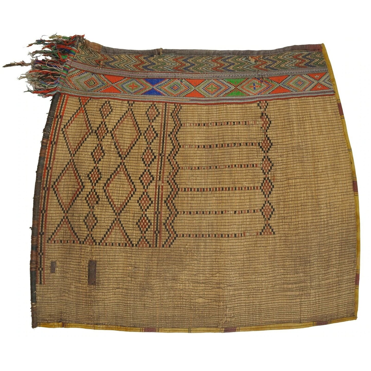 Alte afrikanische Tuareg-Kunst, gewebte Strohleder-Teppichmatte, Niger-Mali-Sahara-Wüste – abgewinkelte Aufnahme