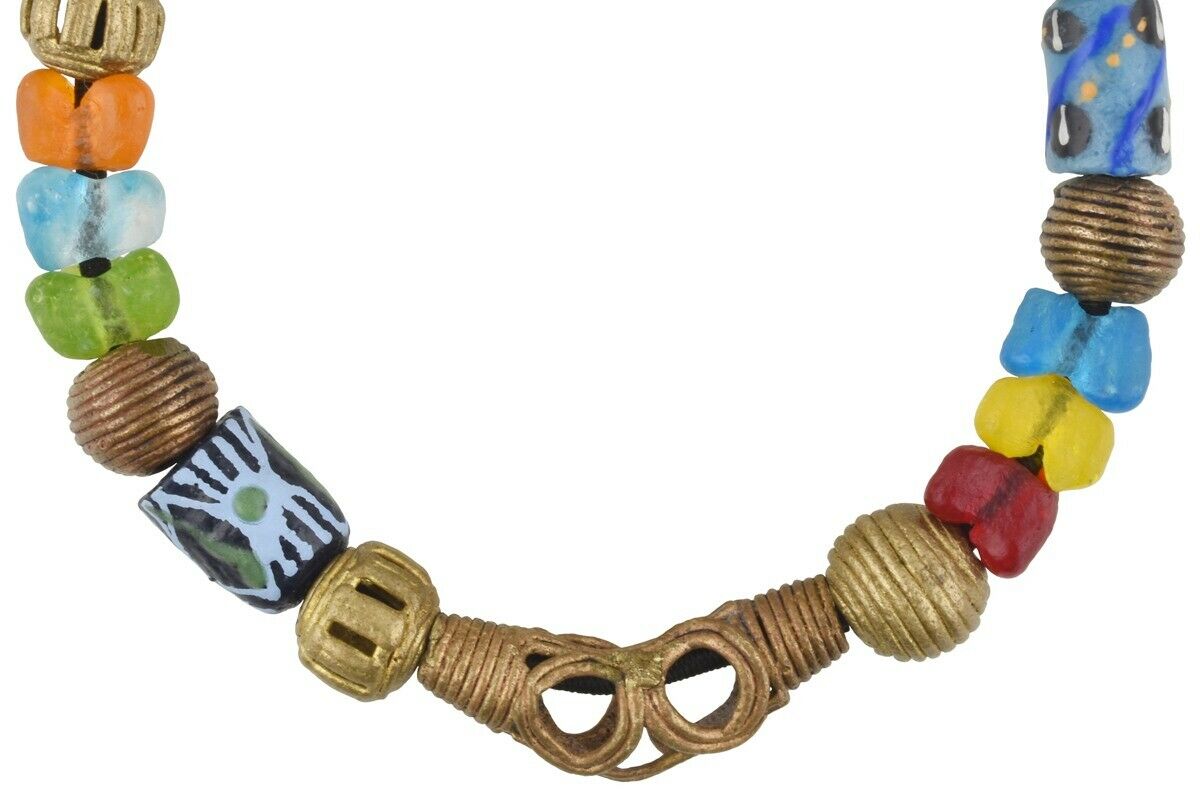 Handmade bracelet Krobo powder glass beads Ashanti brass African trade Ghana - Tribalgh