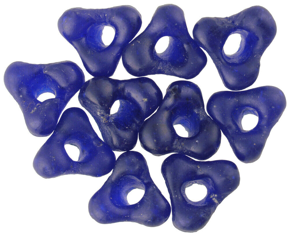 African Trade Beads Krobo Powder Glass Ghana Trade Cobalt Blue Flower Necklace - close-up