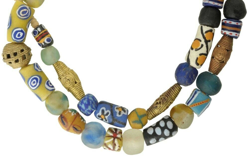 Ashanti Brass Beads Recycled Glass Krobo Handmade Ethnic Jewelry African Trade - close-up